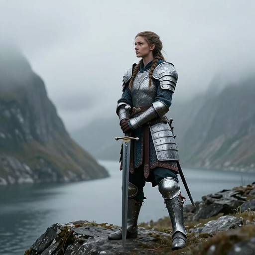 Photograph-style CGI of a determined female warrior in silver armor, holding a sword on rocky shoreline, misty mountainous background.