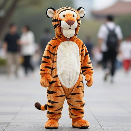 Photograph of a person wearing a cute, orange and black-striped tiger costume with white belly, standing on a busy outdoor sidewalk. Blurred background with