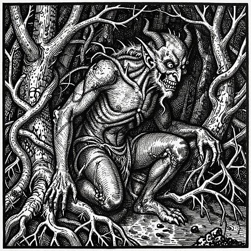 Intricate black-and-white woodcut of a muscular, horned creature crouching amidst tangled, twisted branches, evoking a primal, mythical