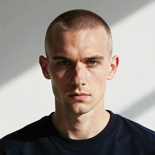 Photograph of a young, Caucasian man with short brown hair, blue eyes, and fair skin, wearing a black shirt, against a white background with