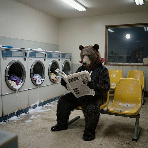 Photograph of a person in a brown bear costume, reading a newspaper in a dimly lit laundromat with yellow plastic chairs and soapy
