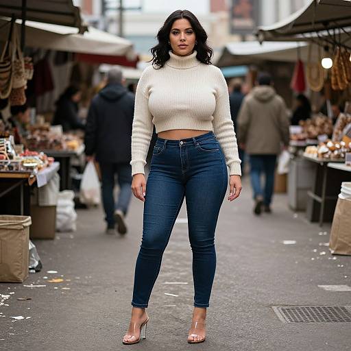 Photograph of a curvy woman with dark hair, wearing a white sweater, high-waisted blue jeans, and clear heels, standing confidently in