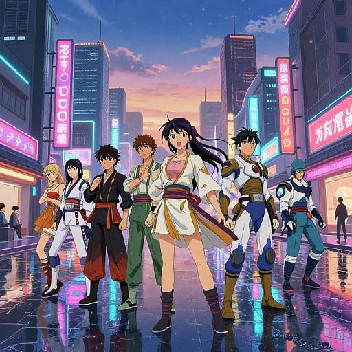 Anime-style digital illustration of six martial artists standing in a neon-lit, rainy city street at sunset, with tall buildings and vibrant signs in the background