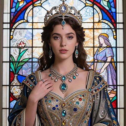 Photograph of a young woman with fair skin, dark wavy hair, and blue eyes, wearing an ornate silver crown, jeweled necklace,