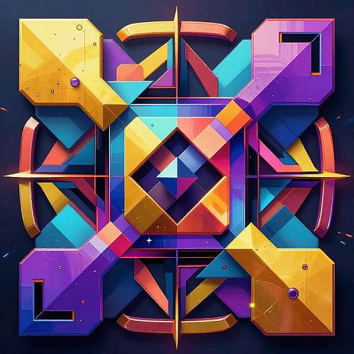 Vibrant digital artwork of geometric, 3D, multicolored letters 