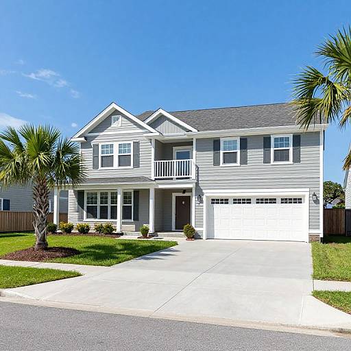 Photograph of a two-story, gray, modern suburban house with a white garage, balcony, palm trees, and a clear blue sky.