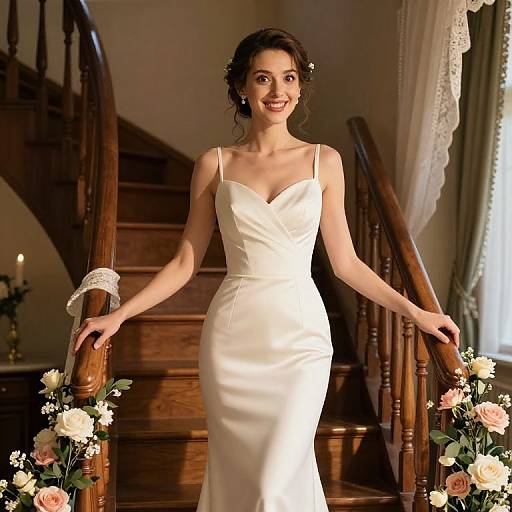 Photograph of a smiling woman in a white, form-fitting, spaghetti-strap wedding dress, standing on a wooden staircase adorned with floral arrangements.
