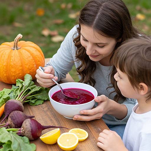 Photograph of a woman with long brown hair in a light gray shirt, feeding a bowl of red soup to a young boy with brown hair, surrounded