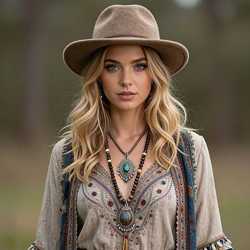 Photograph of a blonde woman with blue eyes, wearing a brown hat, intricate embroidered blouse, and beaded necklace, standing in a forest.