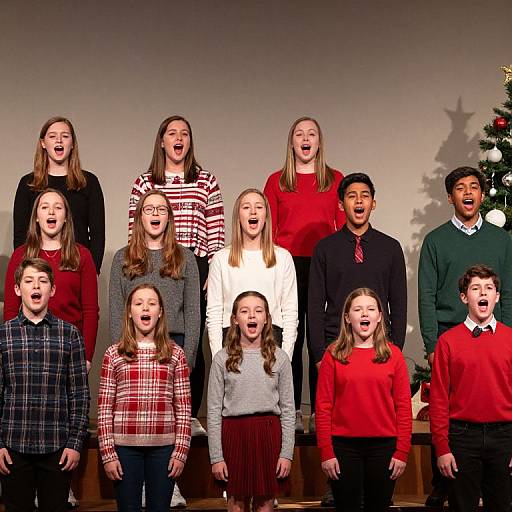 Photograph of a mixed-gender choir, 12 children and 2 adults, standing in front of a Christmas tree, all singing with open mouths