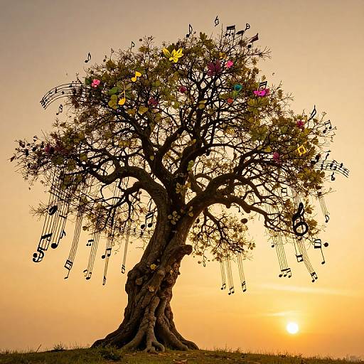 Ancient Tree with Cascading Musical Notes at Sunset