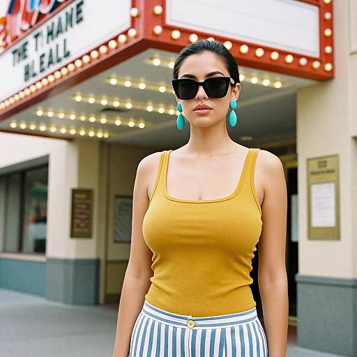 Photograph of a confident woman with dark hair, large turquoise earrings, black sunglasses, yellow tank top, and striped skirt, standing in front of a