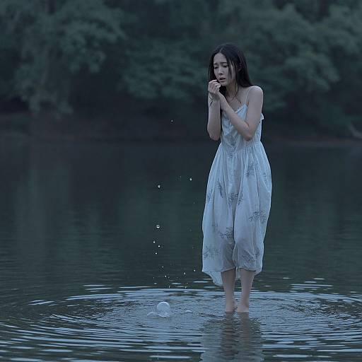 Photograph of a young Asian woman with wet, dark hair, wearing a white, floral-print dress, standing in a calm, dark blue lake,