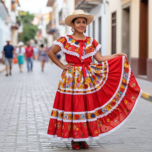 Photograph of a smiling Latina woman in a vibrant red, multicolored embroidered dress and straw hat, standing on a cobblestone street, holding