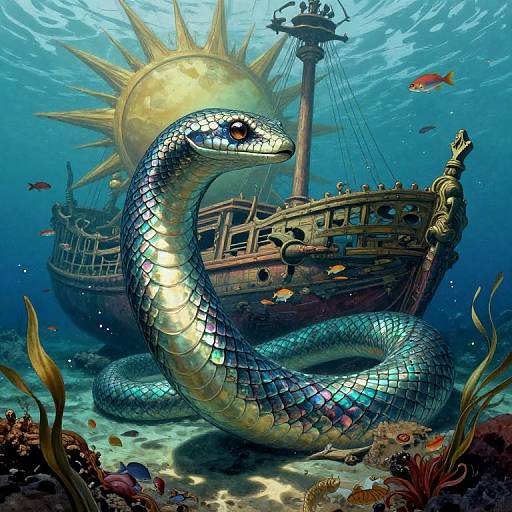 Digital artwork: A shimmering, iridescent snake with red eyes coils around a sunken, ancient ship with a glowing sun behind, surrounded by