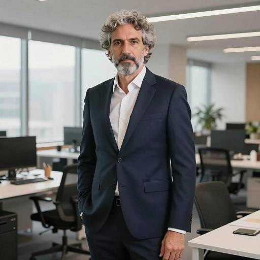 Photograph of a mature, gray-haired man with a salt-and-pepper beard, wearing a navy suit and white shirt, standing in a modern,