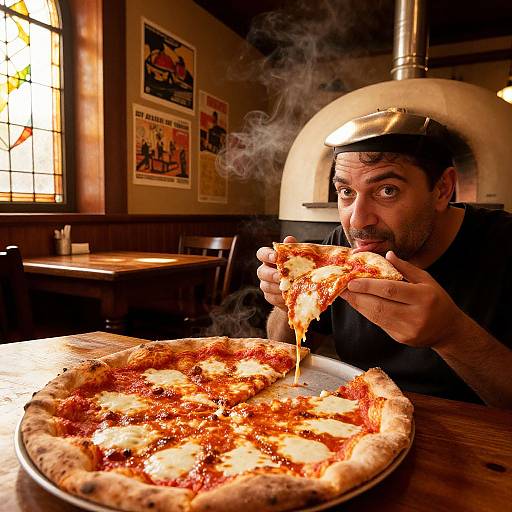 Photograph of a bearded man with wide eyes, black cap, taking a slice of steaming, cheesy pizza in a cozy, dimly lit