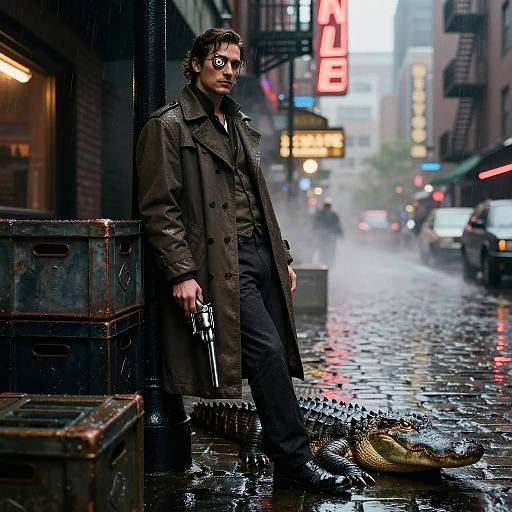 Gritty, rain-soaked urban scene: dark-haired man in long coat and sunglasses, holding gun, standing by crates, crocodile on wet