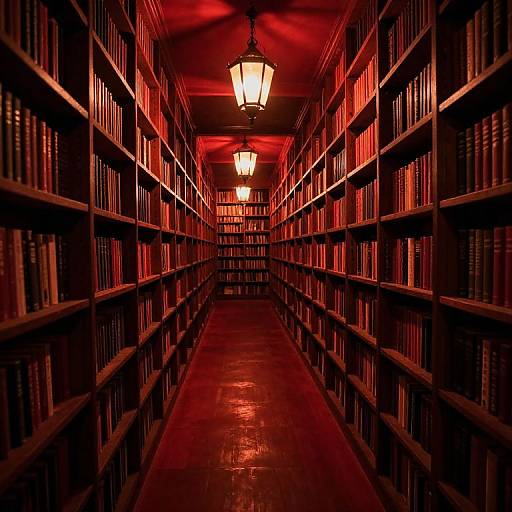 Photograph of a narrow, dimly lit library aisle with red lighting, lined with dark wooden bookshelves filled with books, illuminated by hanging lantern