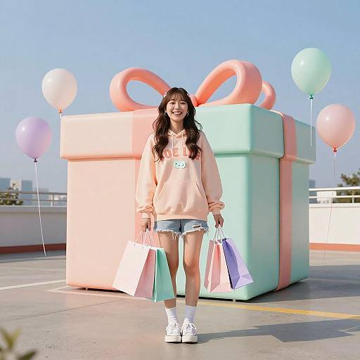Happy Korean Teen with Shopping Bags and Giant Gift Box