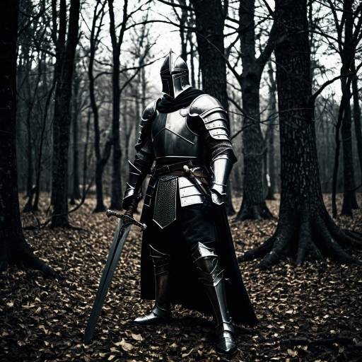 Warrior in Dark Medieval Armor in Forest