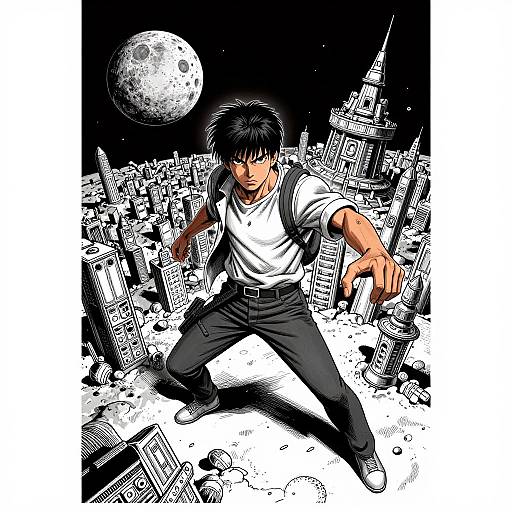 Digital comic-style drawing of a black-haired man in a white shirt and black pants, fighting amidst a crumbling cityscape under a moonlit sky. Dynamic