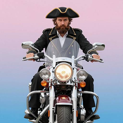 Bearded Man in Tricorn Hat Riding Motorcycle