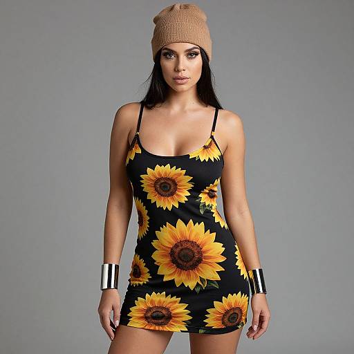 Photograph of a woman with long black hair, wearing a tan beanie, black sunflower dress, black spaghetti straps, and black-and-white b