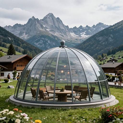 Photograph of a glass dome conservatory with wooden chairs and table, set in a lush green meadow, surrounded by alpine houses and towering mountains