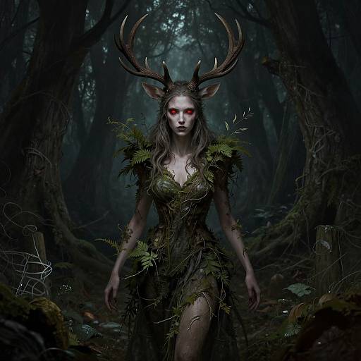 Digital fantasy artwork of a pale, red-eyed, deer-headed woman with large antlers, wearing a moss-covered, leafy dress, standing in a