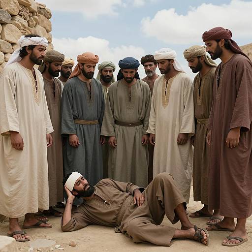 Twelve Men Surrounding Injured Man Scene