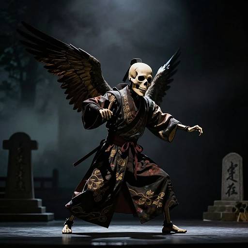 Digital artwork of a skeletal samurai with black angel wings, wearing a dark kimono, poised for combat under dramatic stage lighting.