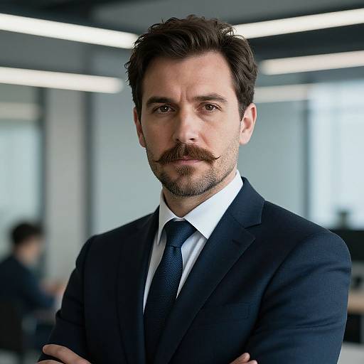 Photograph of a handsome, serious-looking man with dark brown hair, mustache, and beard, wearing a black suit, white shirt, and dark