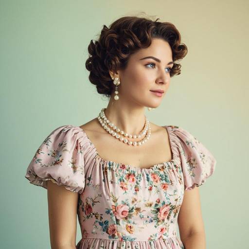 Woman in Vintage Floral Dress and Pearl Jewelry