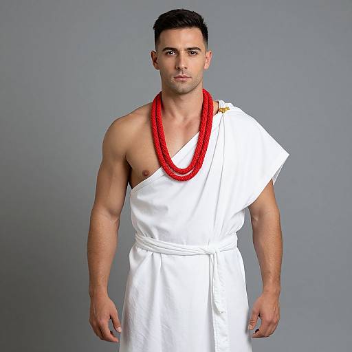 Man in Toga Outfit with Red Necklace