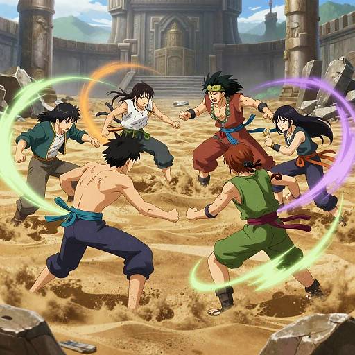 Digital anime-style drawing of six martial artists, shirtless and wearing pants, performing dynamic energy attacks in a dusty, ruined arena.