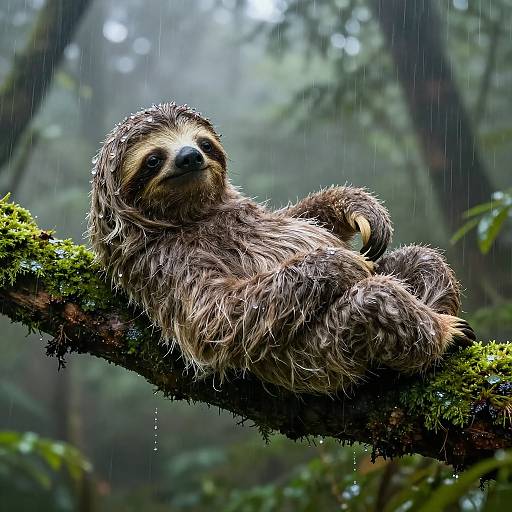Wet Sloth Lounging on Mossy Branch in Rainforest
