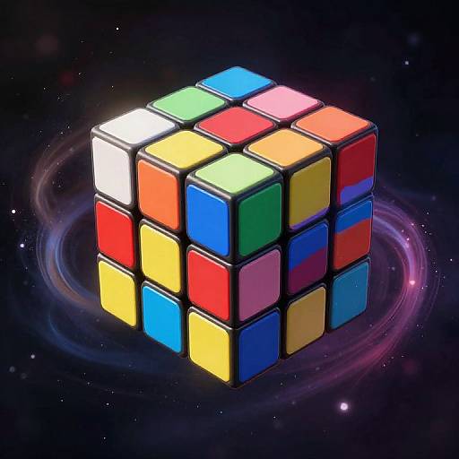 Photograph of a brightly colored, 3D Rubik's Cube floating in space, surrounded by swirling light trails and star dots.