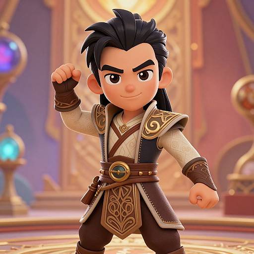 Chibi-style digital artwork of a determined young man with black hair, dressed in ornate medieval armor, fist raised, in a vibrant, opulent