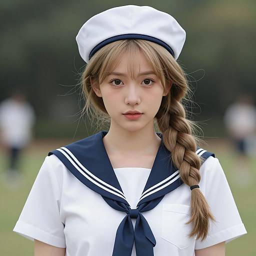 Photograph of an Asian teenage girl with light brown hair in a braid, wearing a white sailor uniform and hat, standing outdoors with a blurred green