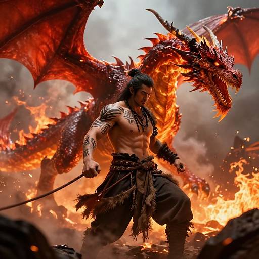 Muscular, tattooed warrior with black hair and tribal attire, standing defiantly with sword, backed by a roaring, red dragon amidst fiery chaos.