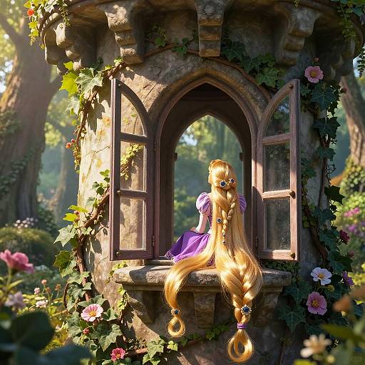 Digital fairy art: Long blonde-haired fairy in purple dress, sitting in sunlit, vine-covered, flower-adorned stone window, forest background.