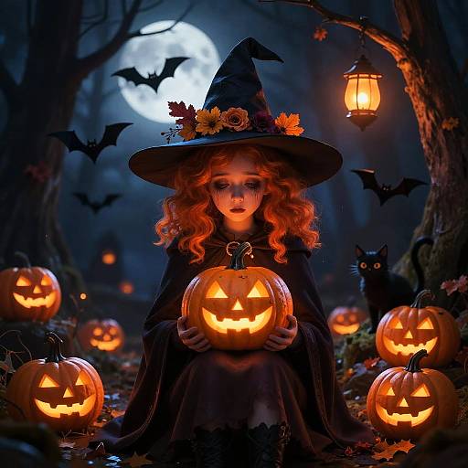 Melancholy Young Witch in Moonlit Forest