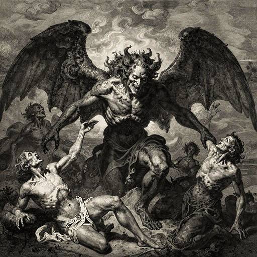 Black-and-white etching of a muscular, demonic figure with wings, towering over two fallen, semi-nude men in a stormy, fiery sky