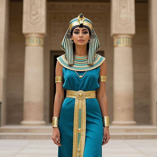 Photograph of a woman in ancient Egyptian attire: turquoise dress, gold accessories, striped headdress, standing in front of columns.