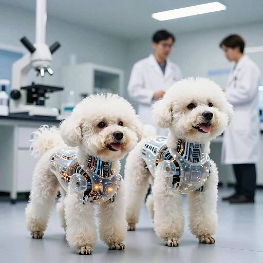 Photograph of two fluffy white poodles wearing electronic collars in a bright, modern laboratory with two scientists in white coats.