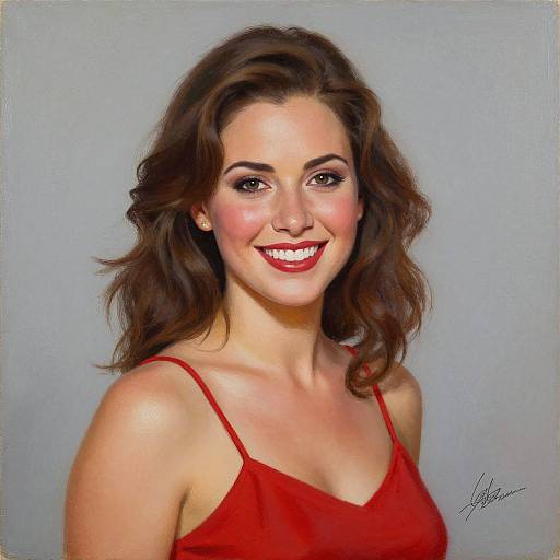 Digital portrait of a smiling woman with wavy brown hair, red spaghetti strap top, light skin, and bright red lipstick, against a gray background.