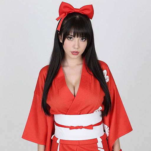 Photograph of a woman with long black hair, wearing a red kimono with a white obi, and a red bow headband, set against