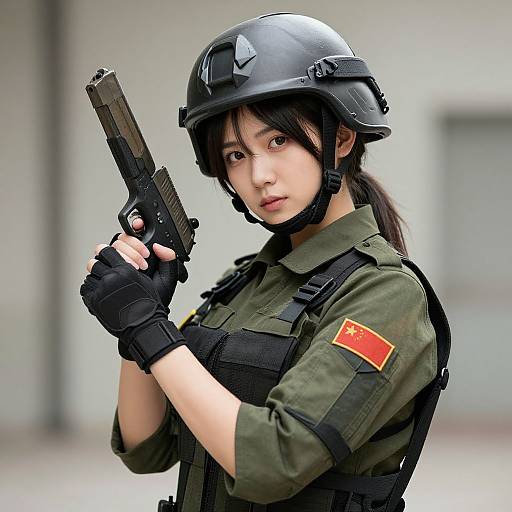 Photorealistic CGI of an Asian woman in military gear, black helmet, holding a gun, with a red patch on her sleeve, in a blurred