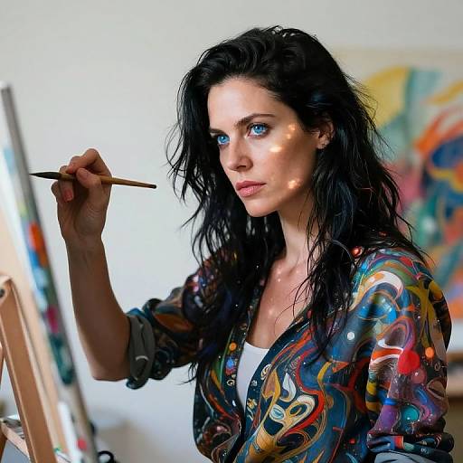Photograph of a pale-skinned woman with long black hair, blue eyes, and colorful abstract-patterned jacket, painting with a wooden brush on an